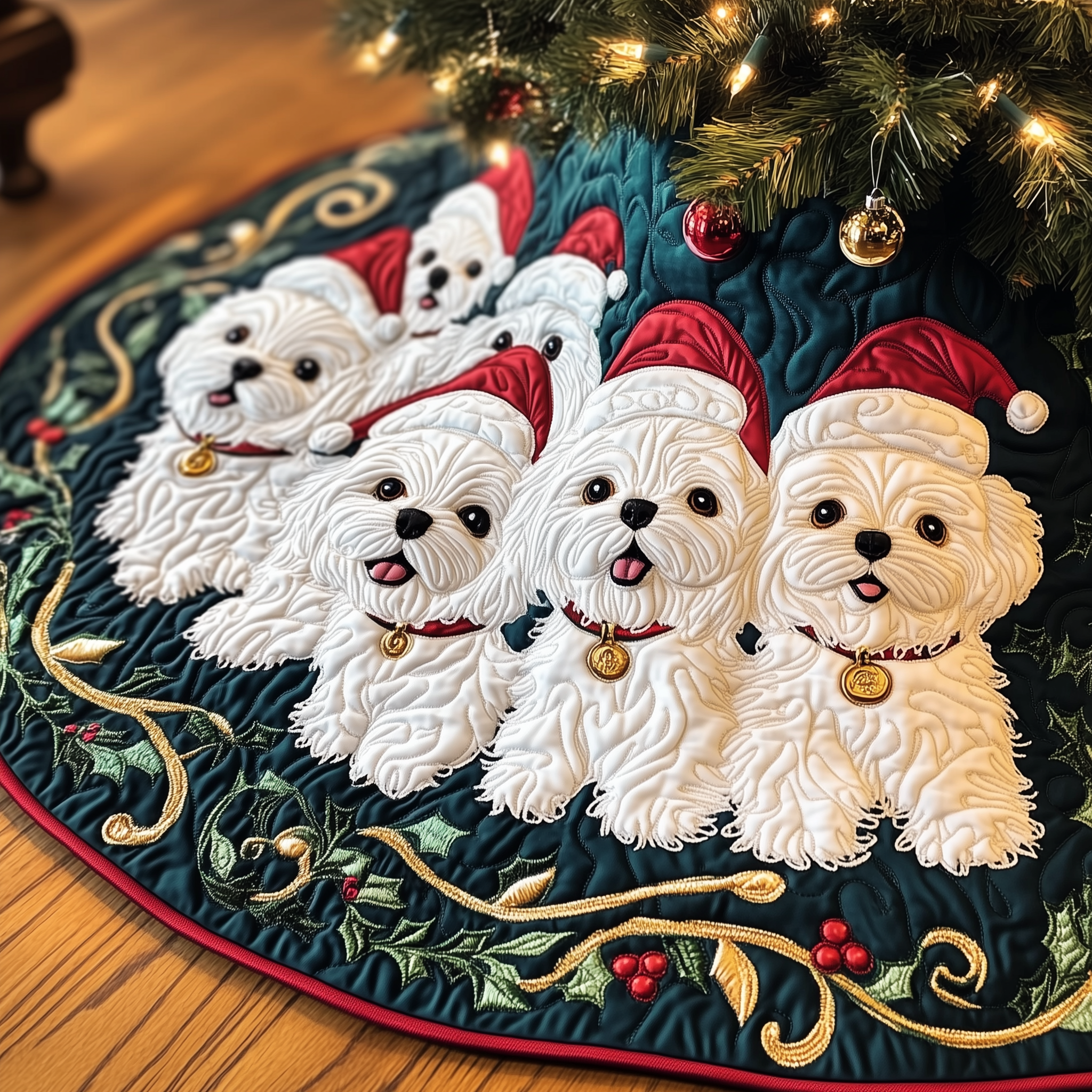 Maltese Family Christmas Tree Skirt Quilted Dog Lover Holiday Decor Gift for Home