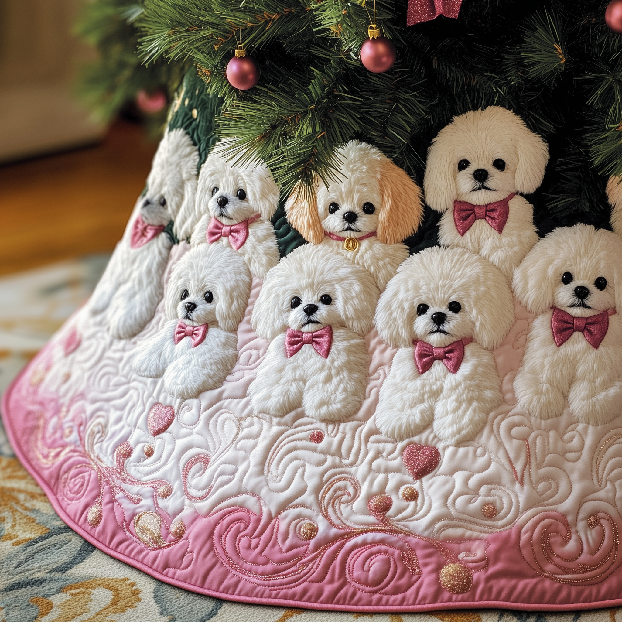Maltese Love Christmas Tree Skirt Quilted White Dog Pattern Holiday Decor Gift Idea