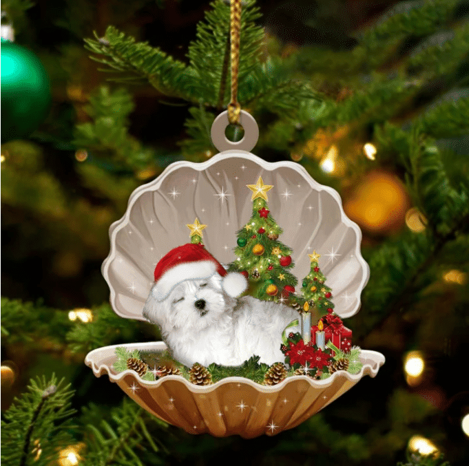 Maltese Sleeping in Pearl Dog Christmas Ornament Flat Acrylic
