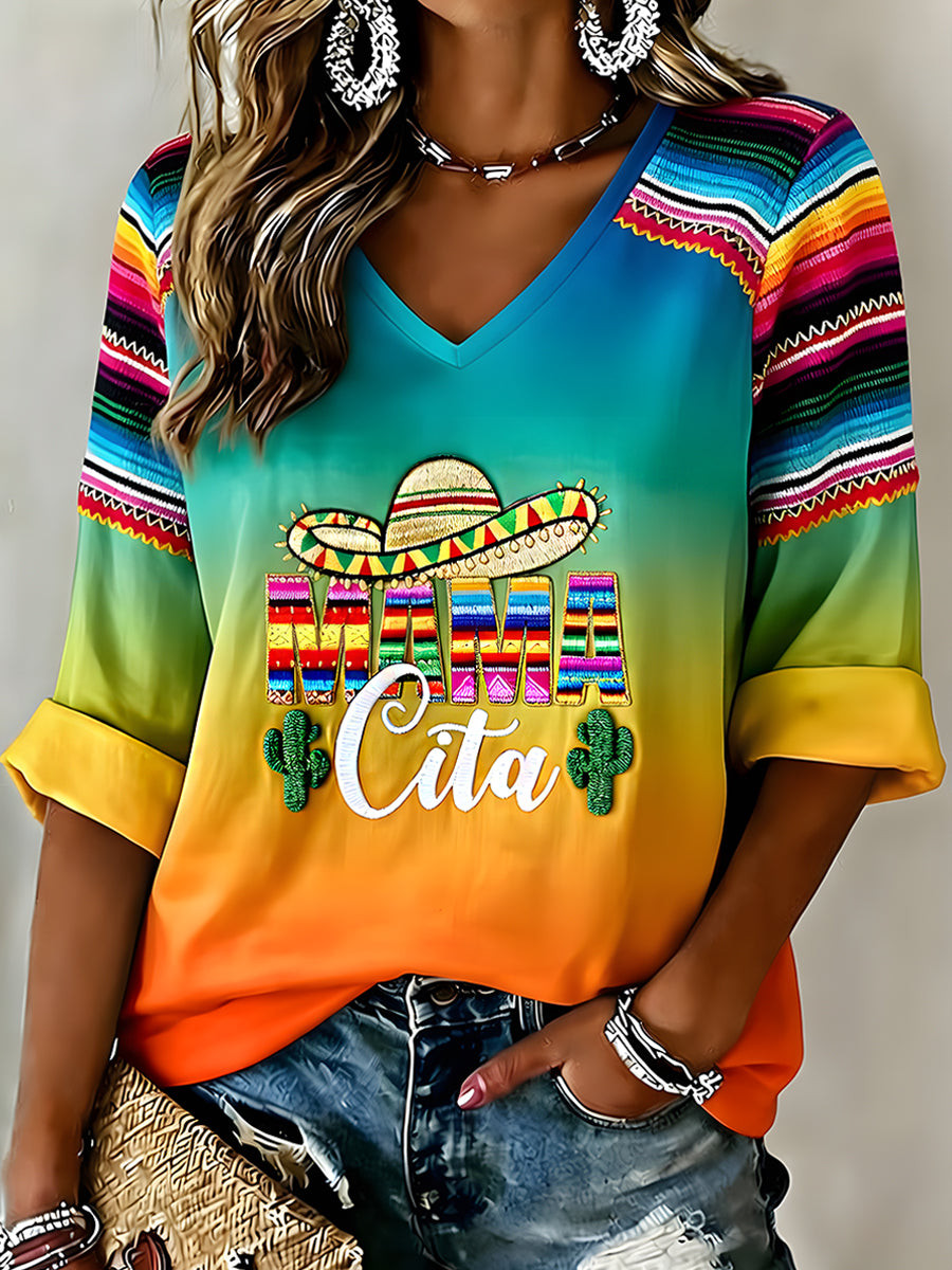 Mama Cita V-Neck Long Sleeve Shirt Mexico Festival Merch Mother's Day Gift For Grandma