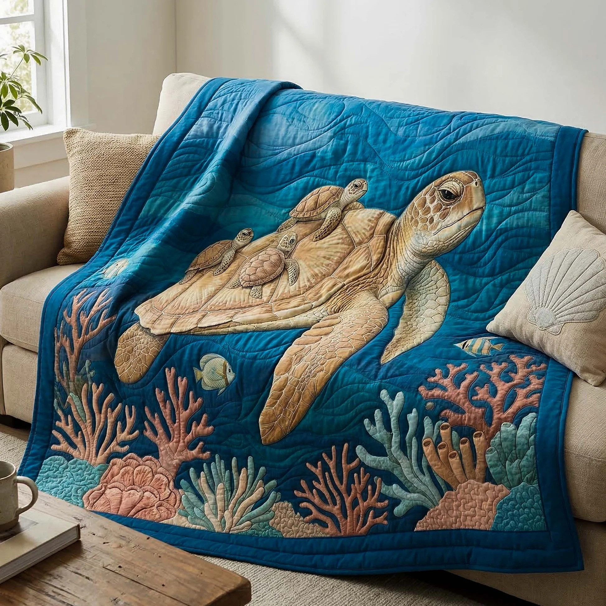 Mama Sea Turtle Quilted Blanket Coral Reef Ocean Decor Best Gift For Mom Beach Lovers