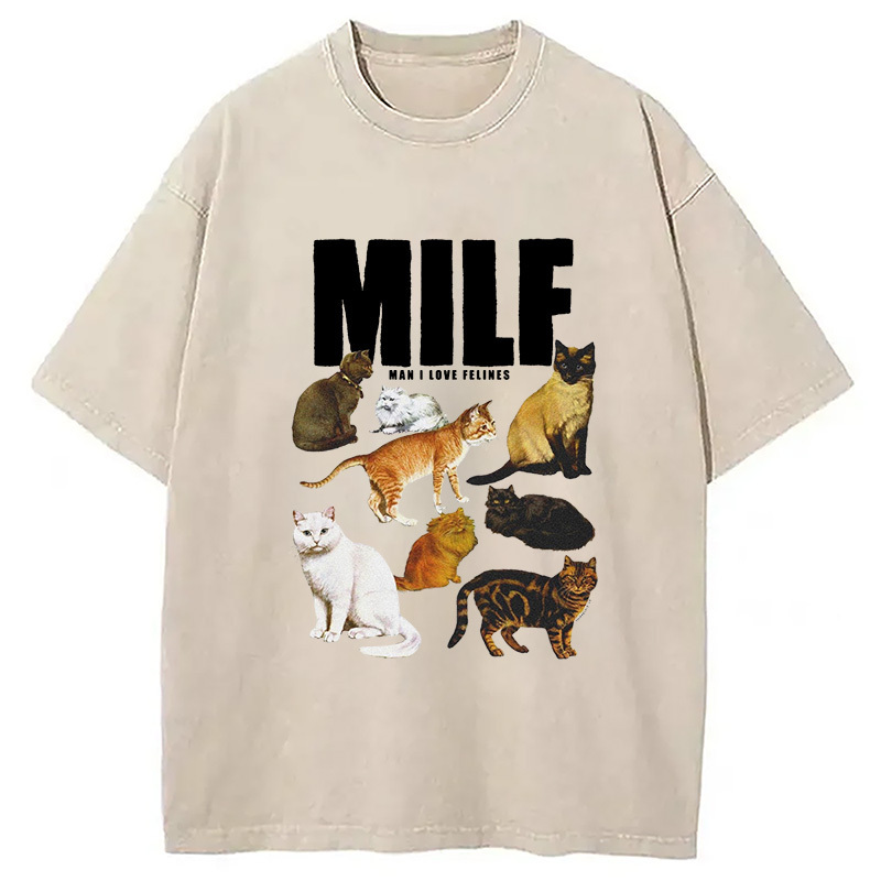 Man I Love Felines Cute Cat Washed T-Shirt Unique Aesthetic Fashion Tee Gifts For Best Friend
