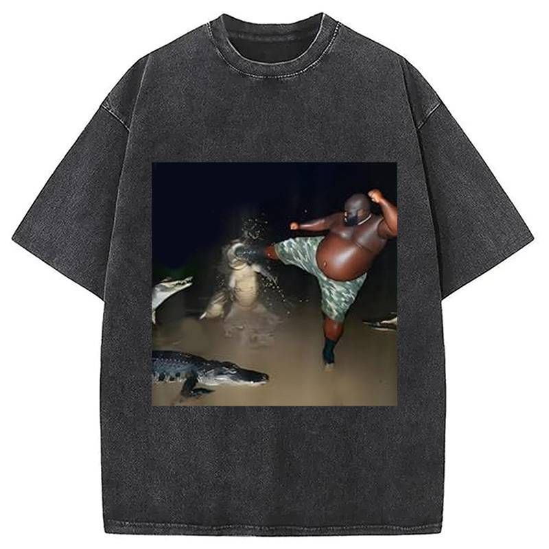 Man Kick Alligator In Swamp Funny Washed T-Shirt Trendy Aesthetic Graphic Apparel Gifts For Friends Man Kick Alligator In Swamp Funny Washed T-Shirt Trendy Aesthetic Graphic Apparel Gifts For Friends