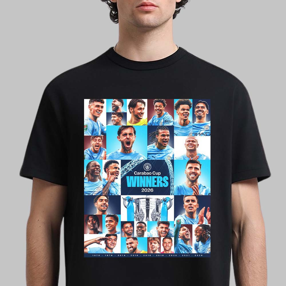 Manchester City 2026 Carabao Cup Winners T-Shirt Members Photo Combined Poster Shirt Fan Gear