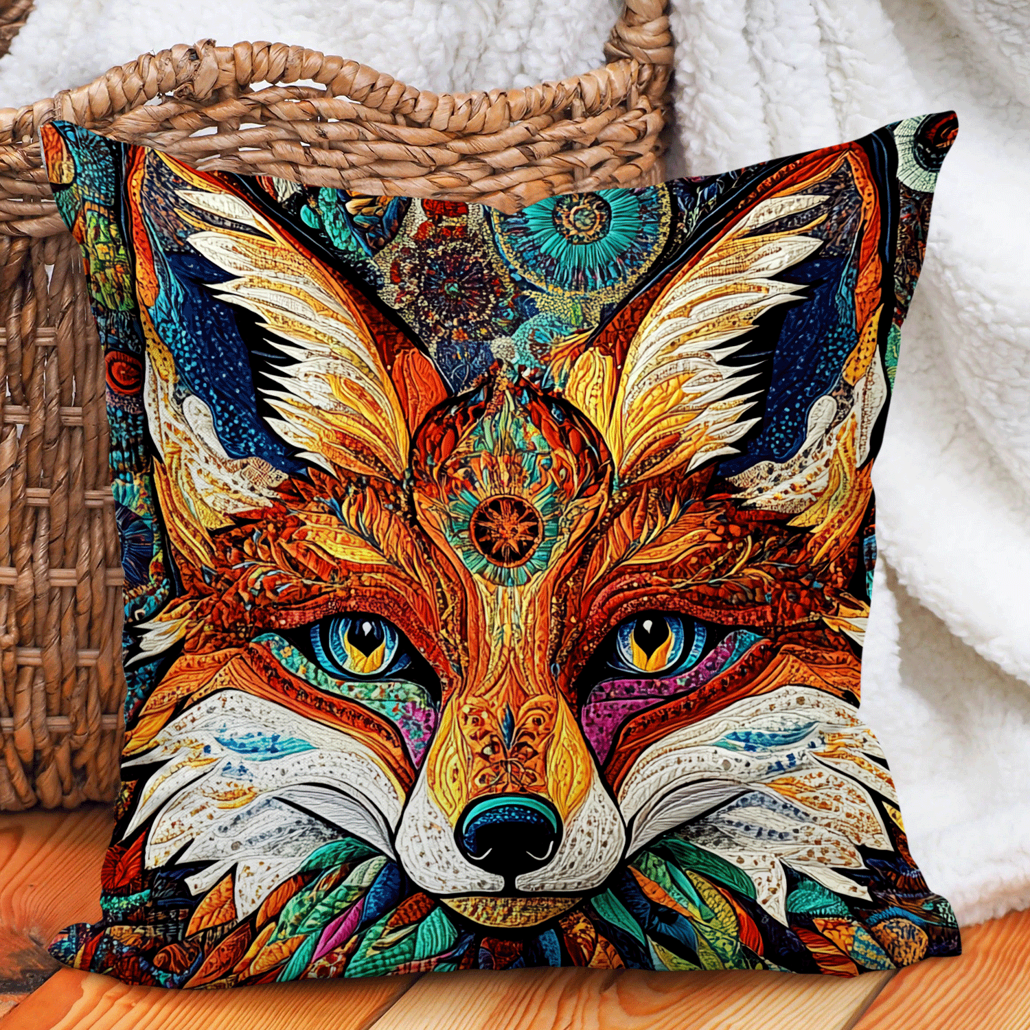 Mandala Fox Quilted Pillow Case Decorative Throw Pillow Case