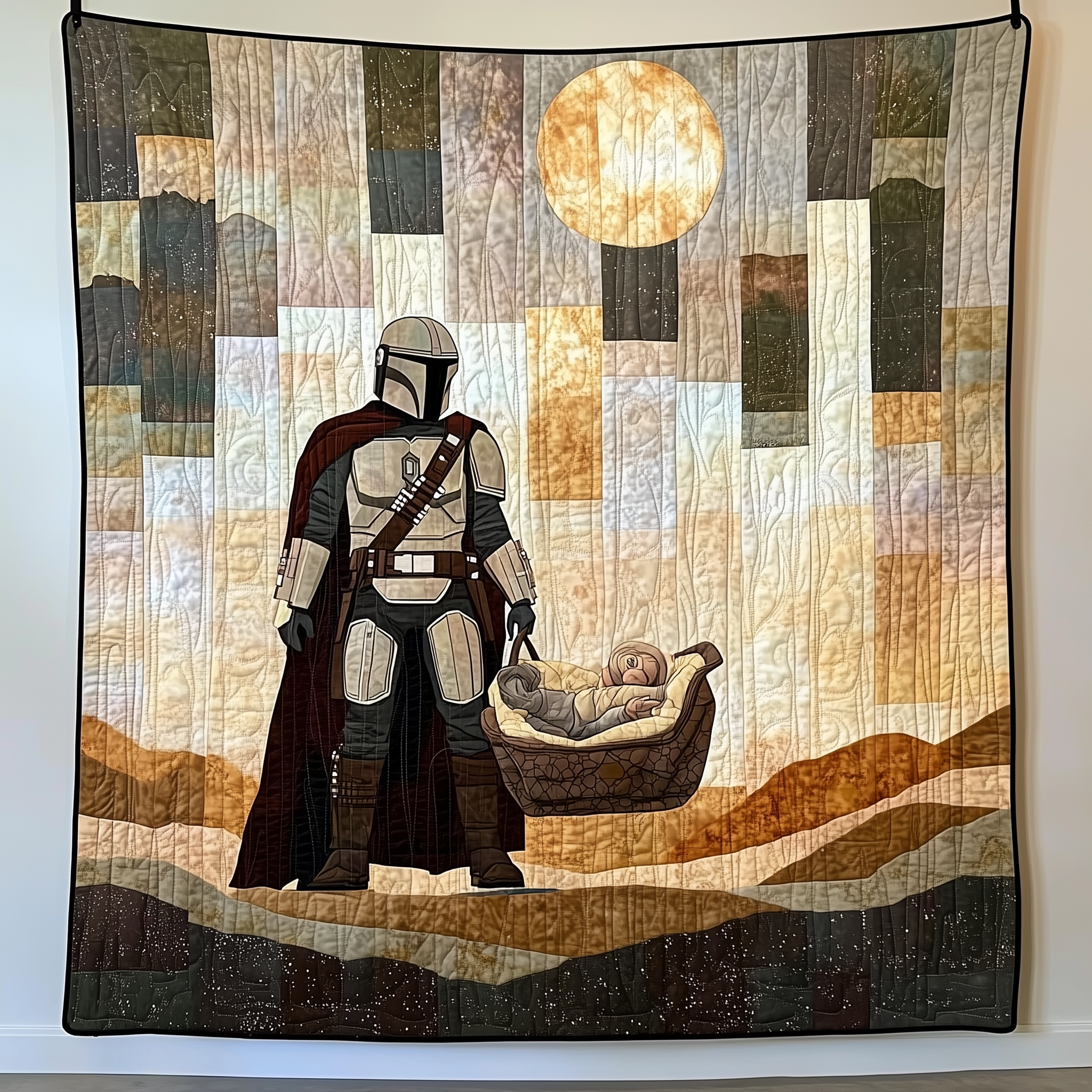 Mandalorian and Baby Quilted Blanket Galactic Warrior Sci Fi Gift For Galaxy Enthusiasts