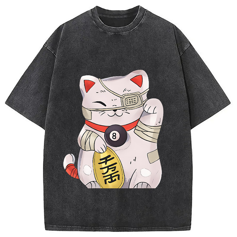 Maneki Neko Washed T-Shirt Minimal Retro Graphic Clothing Gifts For Him