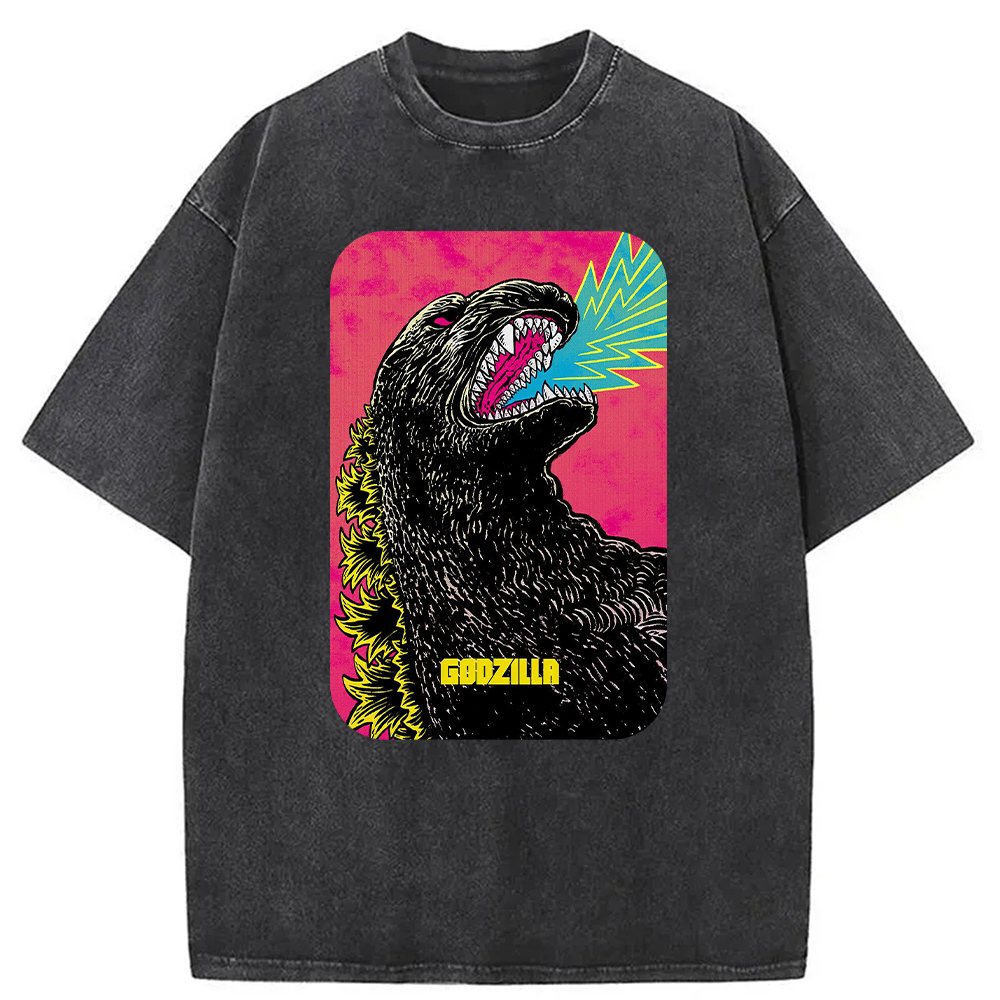 Manga Godzilla Washed T-Shirt Retro Humor Graphic Top Gifts For Besties Manga Godzilla Washed T-Shirt Retro Humor Graphic Top Gifts For Besties