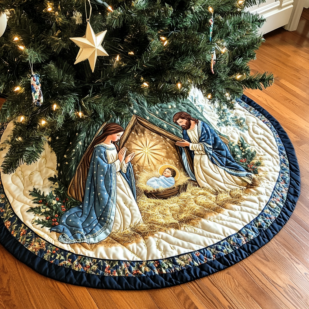 Manger Joy Christmas Quilted Tree Skirt Lovely Gift Merch for a Festive Home