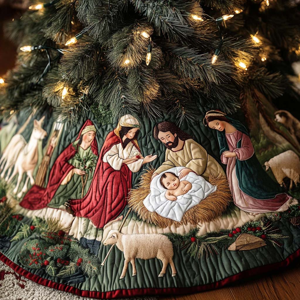 Manger Of The Meadow Christmas Quilted Tree Skirt Xmas Tree Base Cover Christian Christmas Gift Ideas