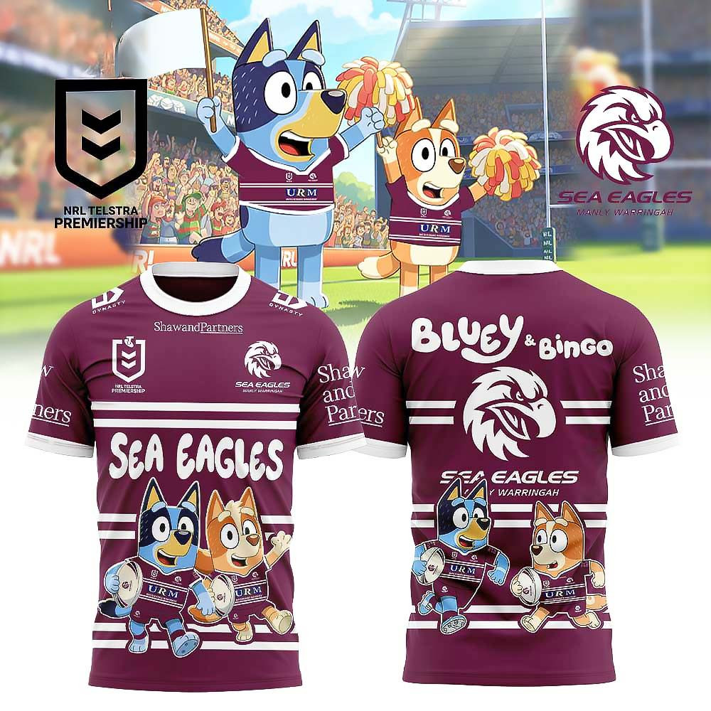 Manly Warringah Sea Eagles Bluey and Bingo Limited Edition T-Shirt Son Gifts