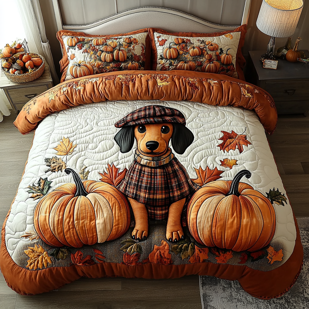 Maple Dachshund Quilted Bedding Set Autumn Bed Sheet Set Dachshund Gifts For Her Him