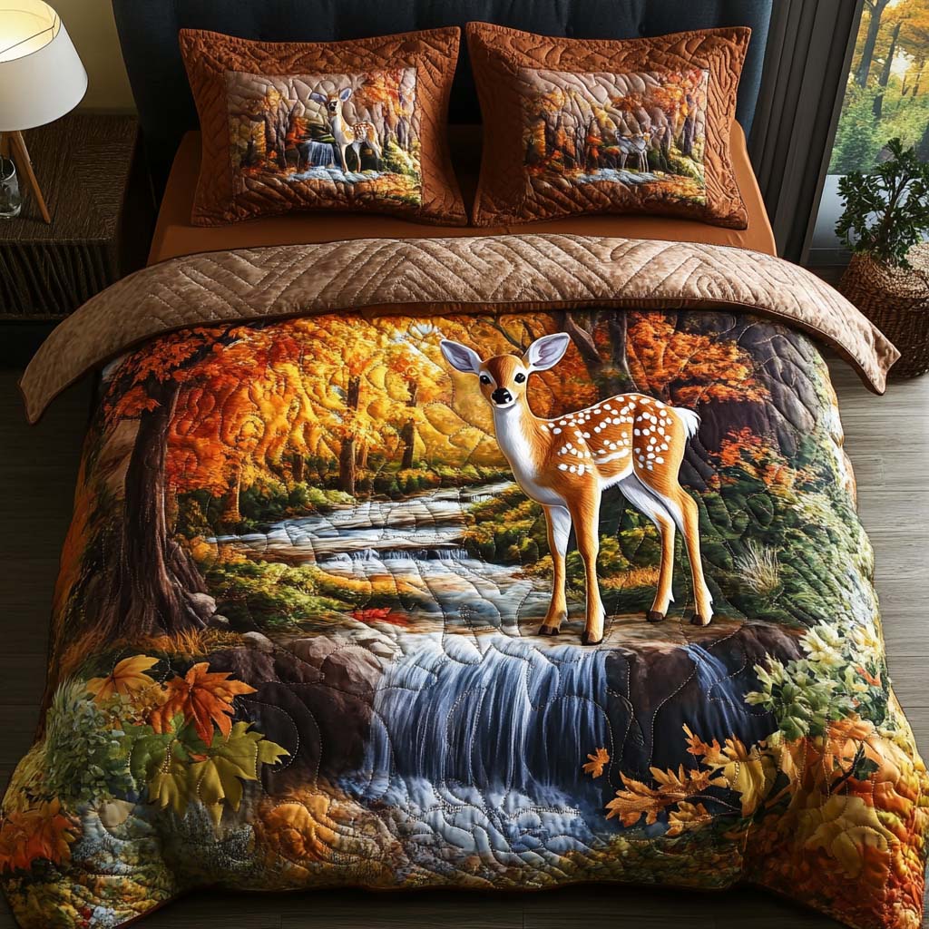 Maple Fawn Quilted Bedding Set Autumn Themed Bed Sheets Cool Gifts For Animal Lovers