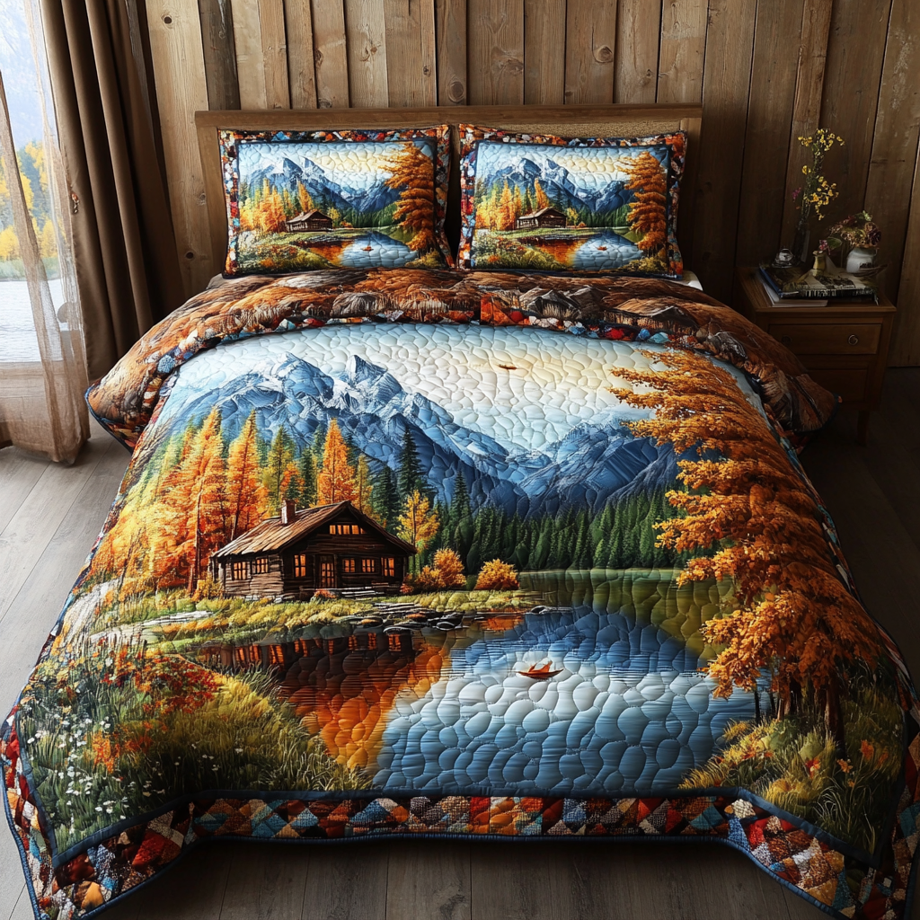 Maple Lake Cabin Quilted Bedding Set Bed Decorations Gift For Mid Autumn Festival