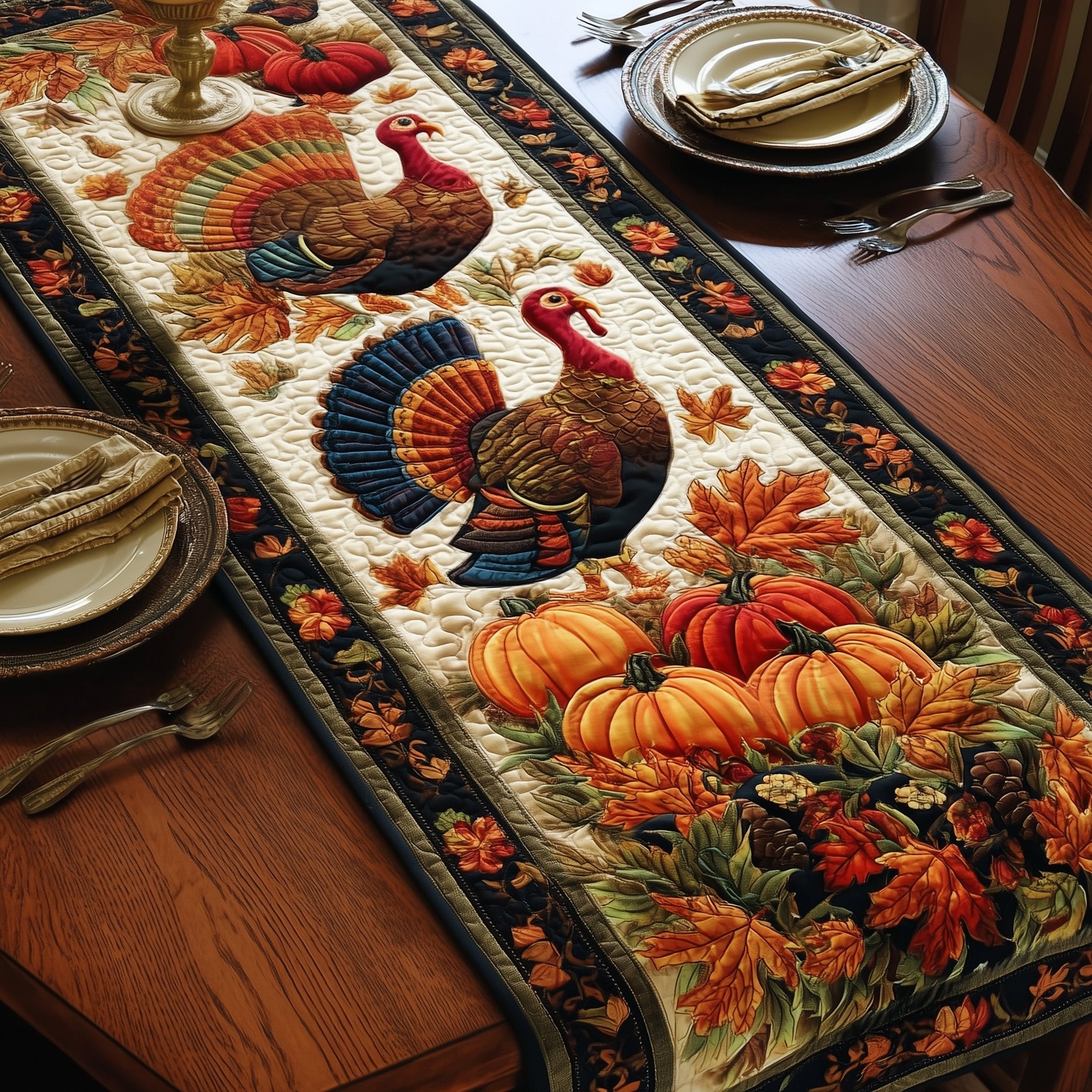 Maple Turkey Quilted Table Runner Christmas Table Runner Gift Idea