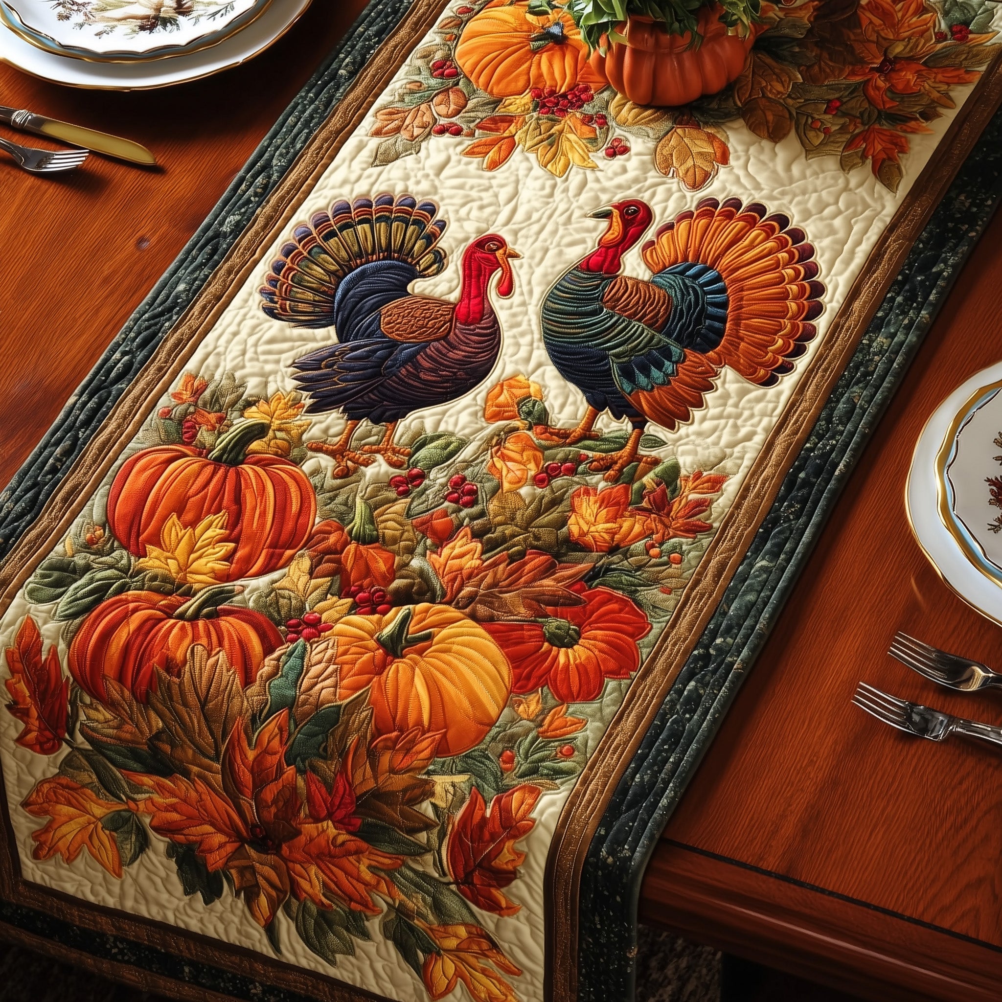 Maple Turkey Quilted Table Runner Holiday Banquet Table Runner