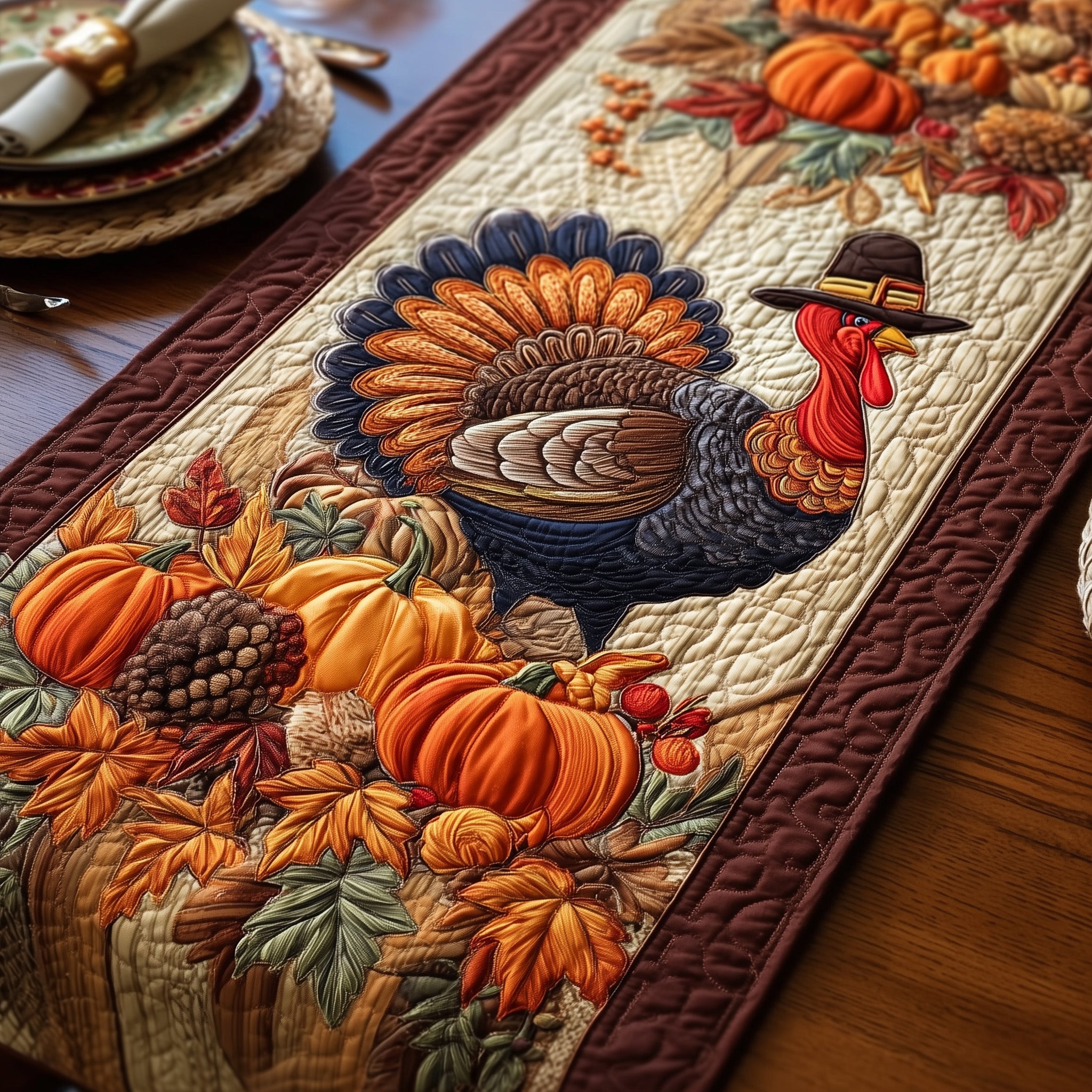 Maple Turkey Quilted Table Runner Holiday Table Runner for Kitchen Decor