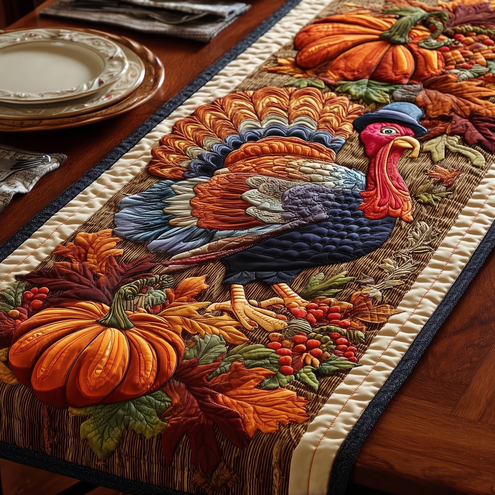 Maple Turkey Quilted Table Runner Winter Holiday Table Runner Decor