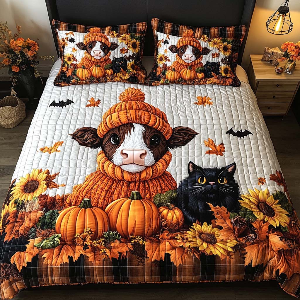 Maple Whisper Quilted Bedding Set Autumn Bed Sheet Set Highland Cow Themed Gifts