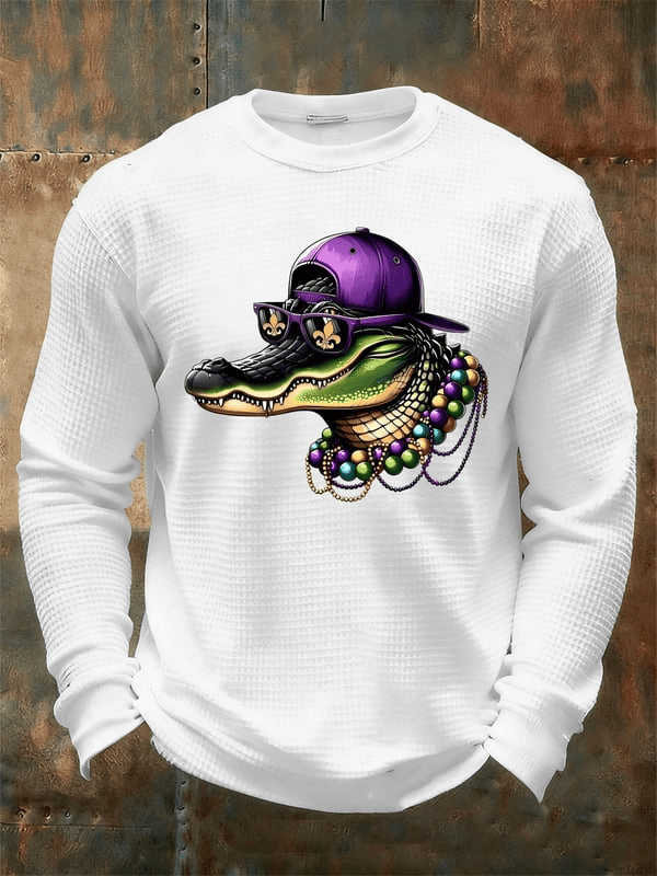 Mardi Gras Alligator Print Waffle Long Sleeve T-Shirt Mardi Gras Apparel Men Fleur De Lis Shirt