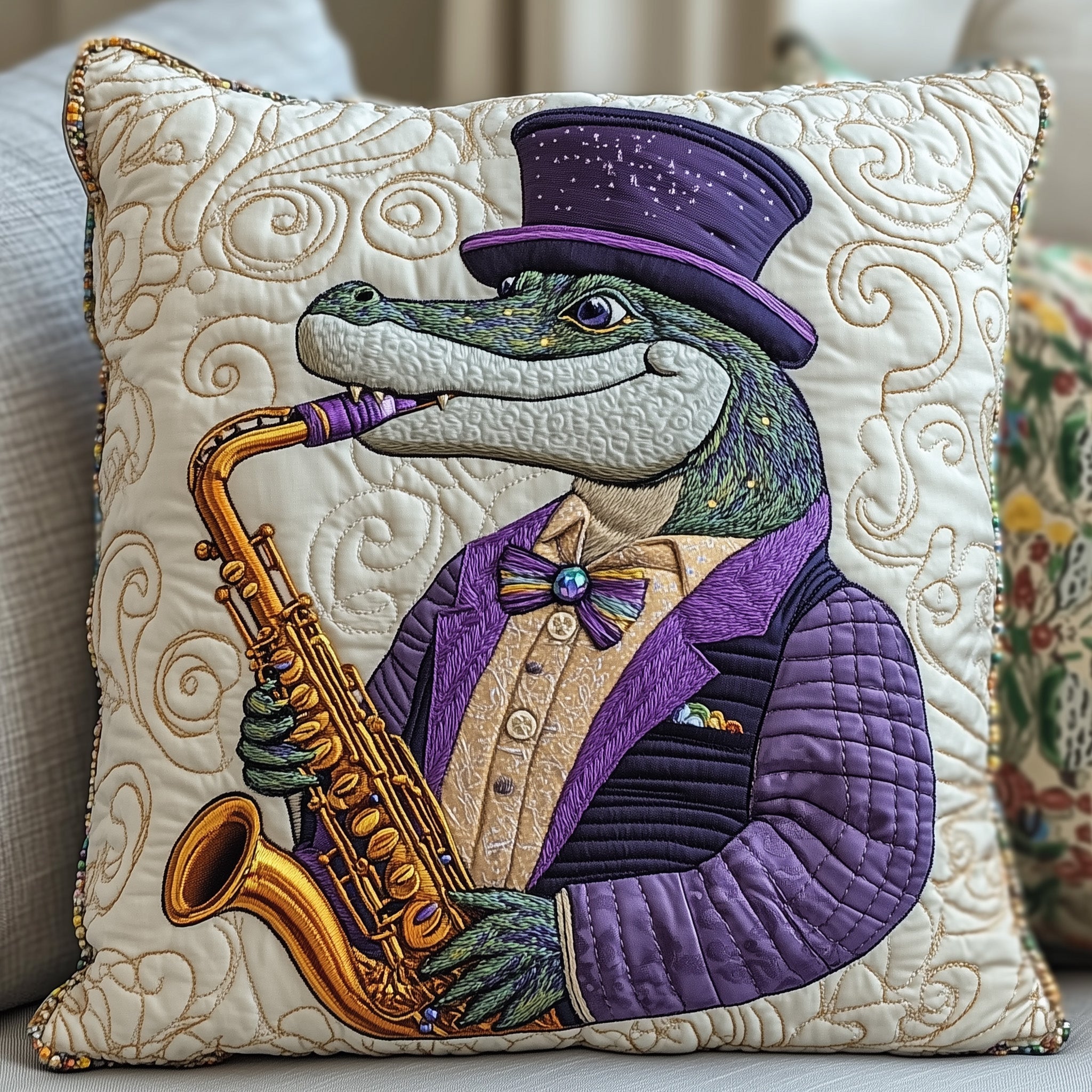 Mardi Gras Alligator Quilted Pillow Case Throw Pillow Cover ItemMardi Gras Gifts For Her
