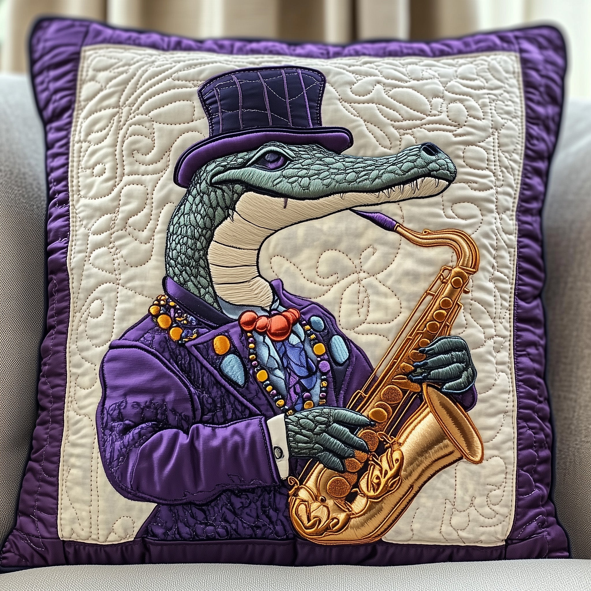 Mardi Gras Alligator Quilted Pillow Case Throw Pillow Cover ItemMardi Gras Gifts For Him