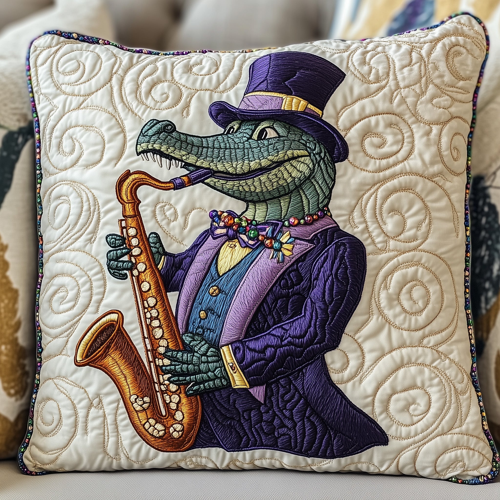Mardi Gras Alligator Quilted Pillow Case Throw Pillow Cover ItemMardi Gras Gifts Items