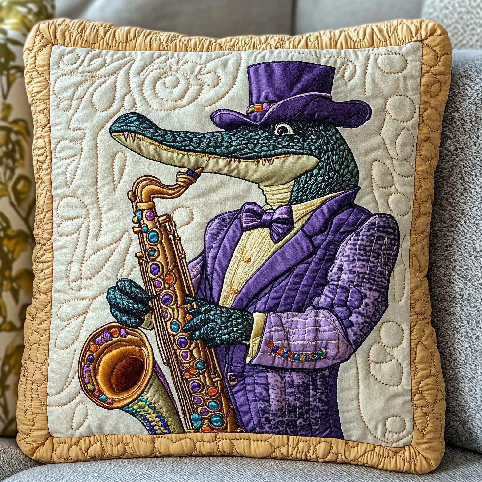 Mardi Gras Alligator Quilted Pillow Case Throw Pillow Cover ItemMardi Gras Hostess Gifts