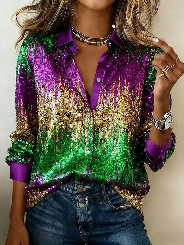 Mardi Gras Button Down Shirt Fat Tuesday Apparel Women's Long Sleeve Mardi Gras Shirts