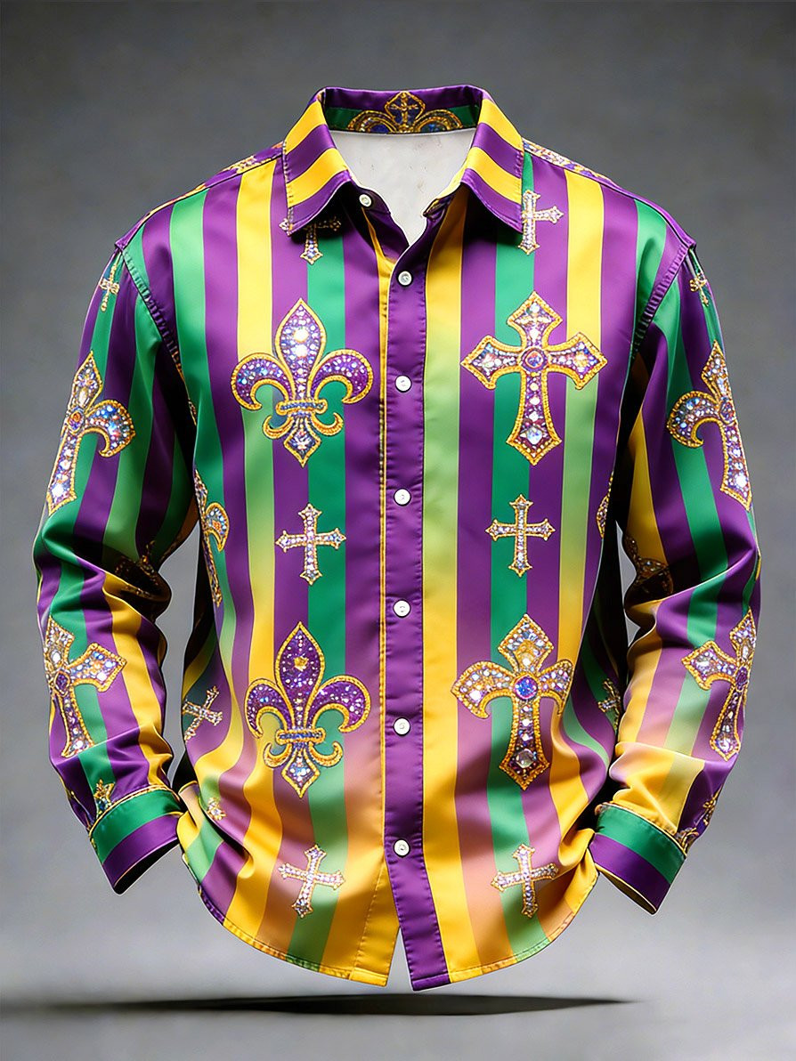 Mardi Gras Button Up Shirt Long Sleeve Carnival Party Pattern Mardi Gras Clothes For Sale