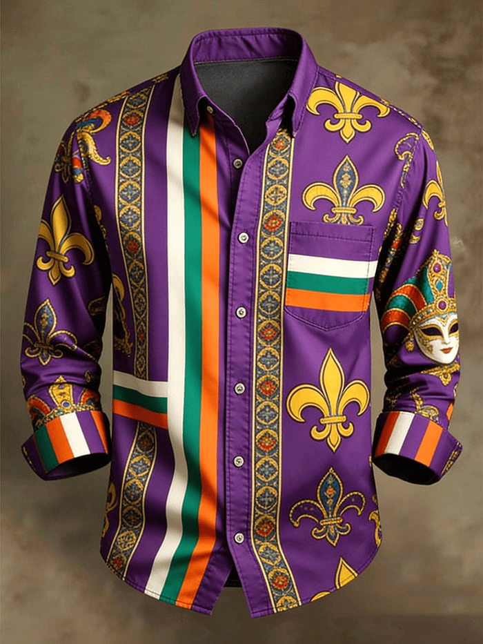 Mardi Gras Button Up Shirt Long Sleeve Holiday Carnival Party Apparel Mardi Gras Button Down