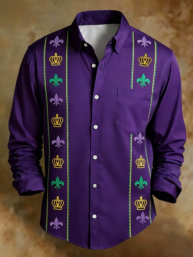 Mardi Gras Button Up Shirt Long Sleeve Men's Button Down Mardi Gras Shirts Fleur De Lis Clothing