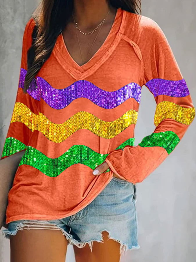 Mardi Gras Long Sleeve V-Neck T-Shirt New Orleans Mardi Gras Shirts For Ladies