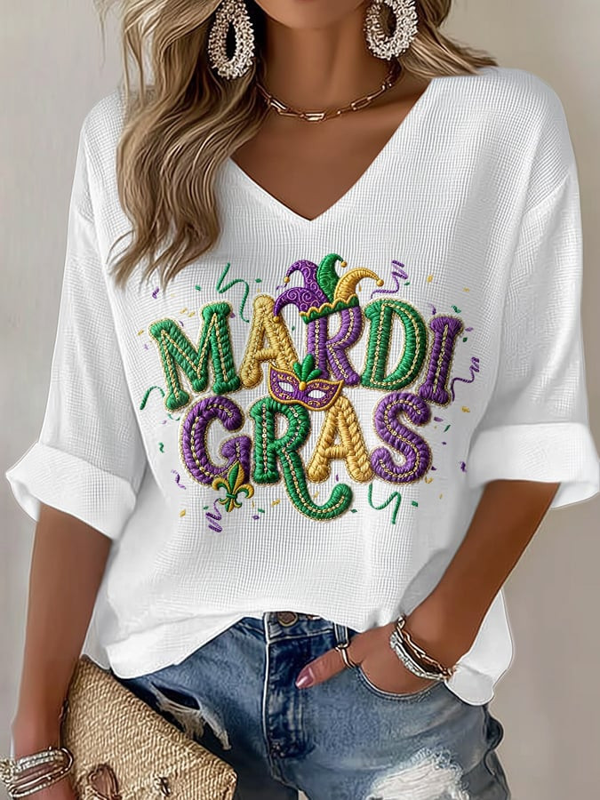 Mardi Gras Long Sleeve V-Neck T-Shirt New Orleans Mardi Gras Shirts Women Mardi Gras Long Sleeve V-Neck T-Shirt New Orleans Mardi Gras Shirts Women