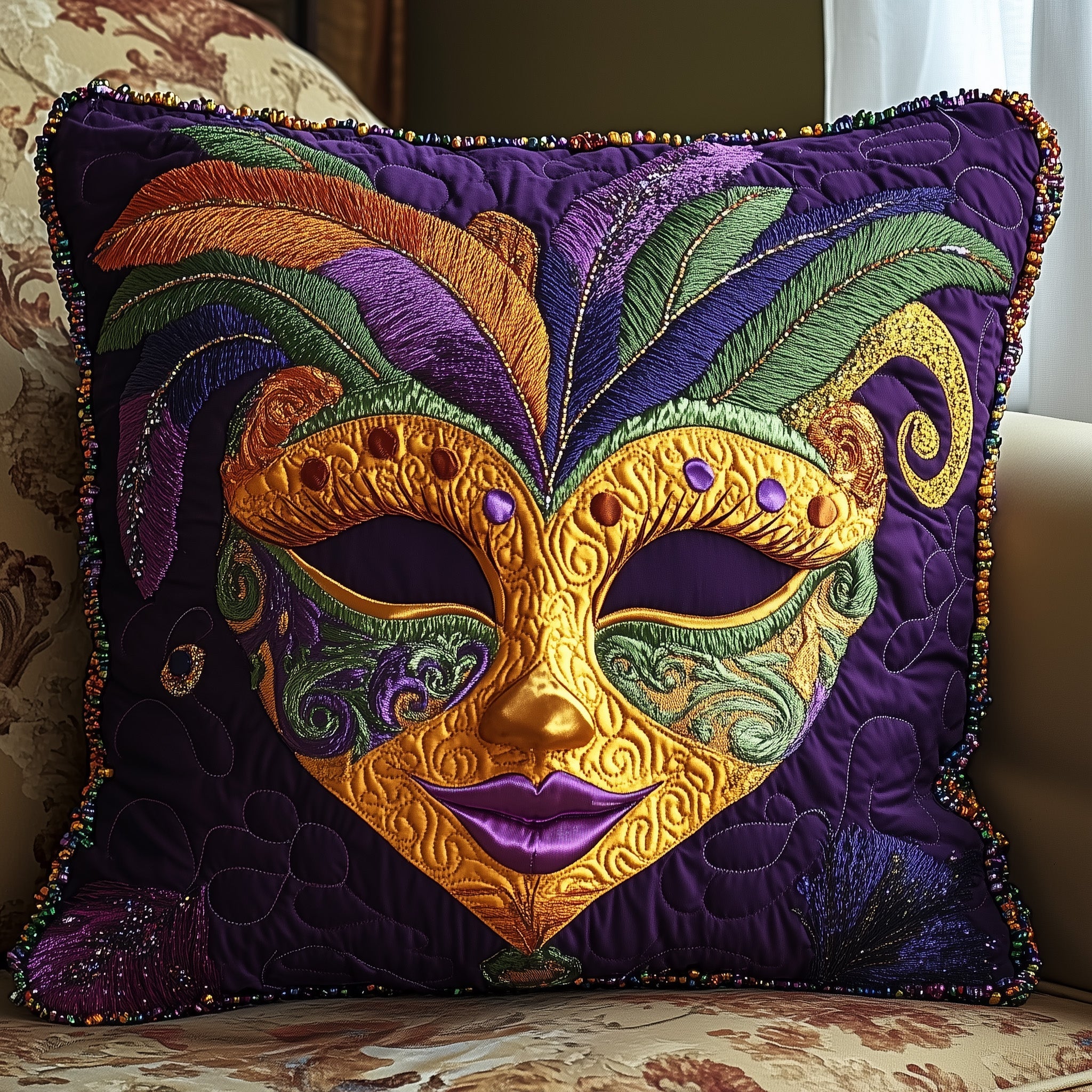 Mardi Gras Masquerade Quilted Pillow Case Throw Pillow Cover ItemMardi Gras Gift Shop