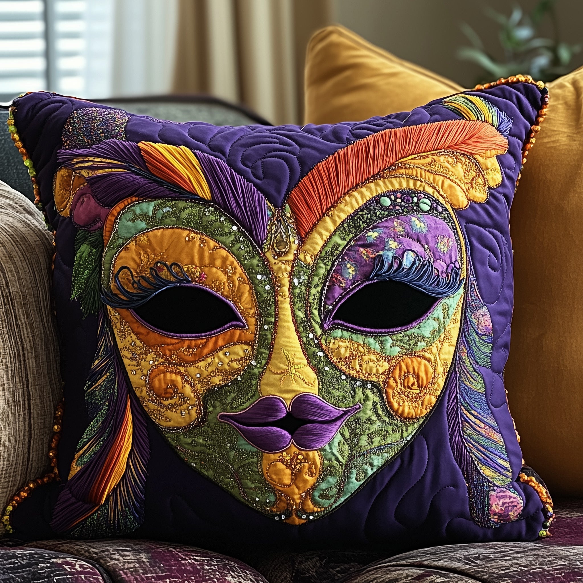Mardi Gras Masquerade Quilted Pillow Case Throw Pillow Cover ItemUnique Mardi Gras Gifts