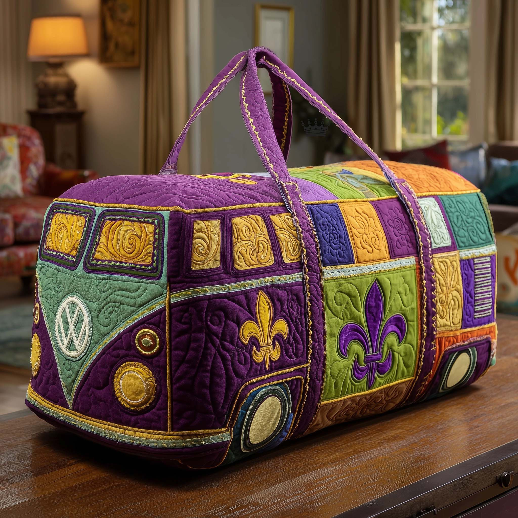 Mardi Gras Van Quilted Duffle Bag Purple Gold Fleur De Lis New Orleans Travel Gift