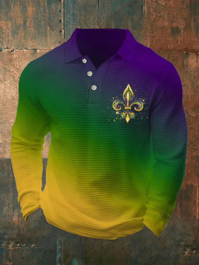 Mardi Gras Waffle Long Sleeve Polo Shirt Mardi Gras Mens Polo Fleur De Lis Shirt