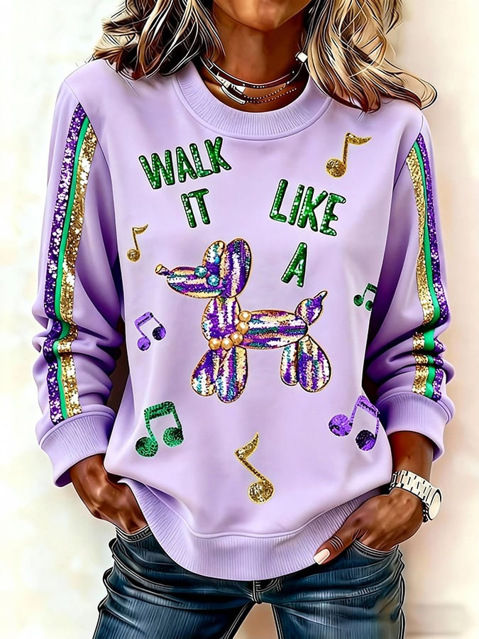 Mardi Gras Walk It Like A Dog Sequin Print Sweatshirt Mardi Gras Women's Clothing Mom Gifts