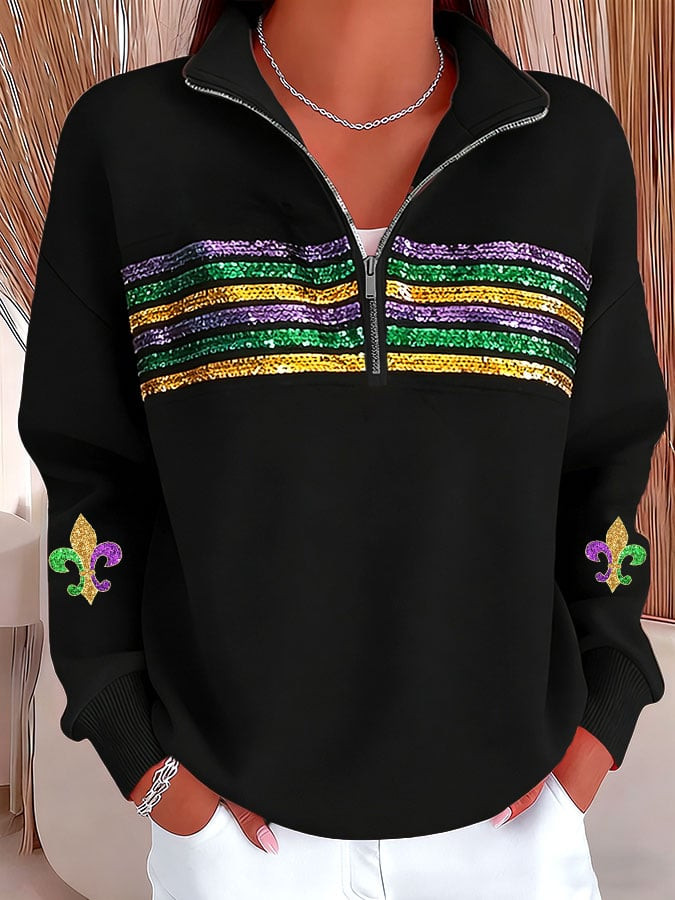Mardi Gras Zip Stand Collar Sweatshirt Fleur de Lis Shirt Mardi Gras Clothes Women Gifts