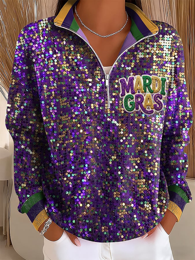 Mardi Gras Zip Stand Collar Sweatshirt Fleur De Lis Women's Mardi Gras Apparel Mom Gits