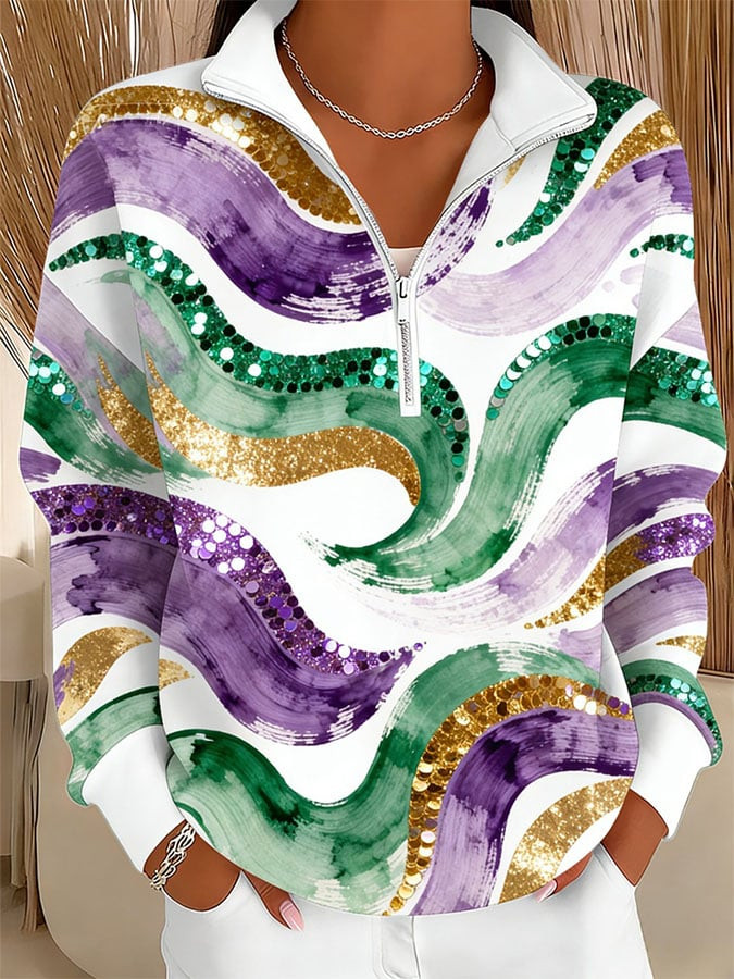 Mardi Gras Zip Stand Collar Sweatshirt Mardi Gras Women's Clothing Gifts For Wife