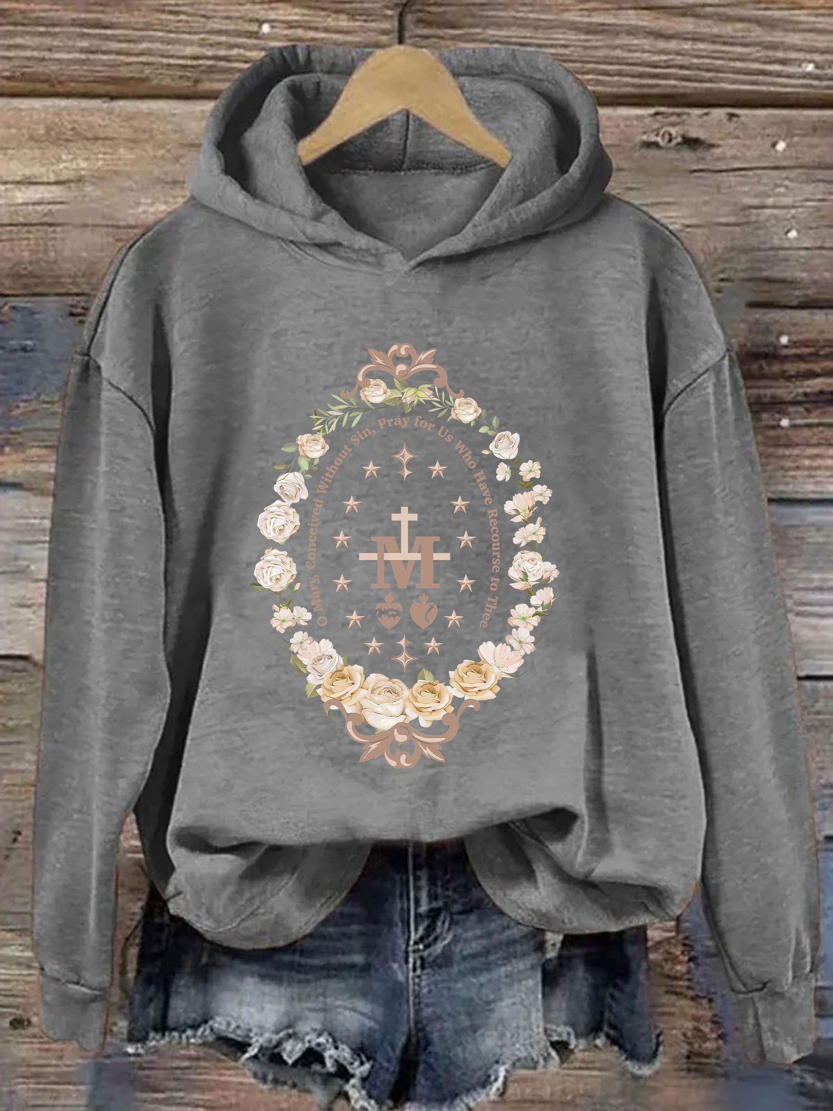 Marian Catholic Hoodie Flower Design Virgin Mary Apparel Christian Christmas Gifts