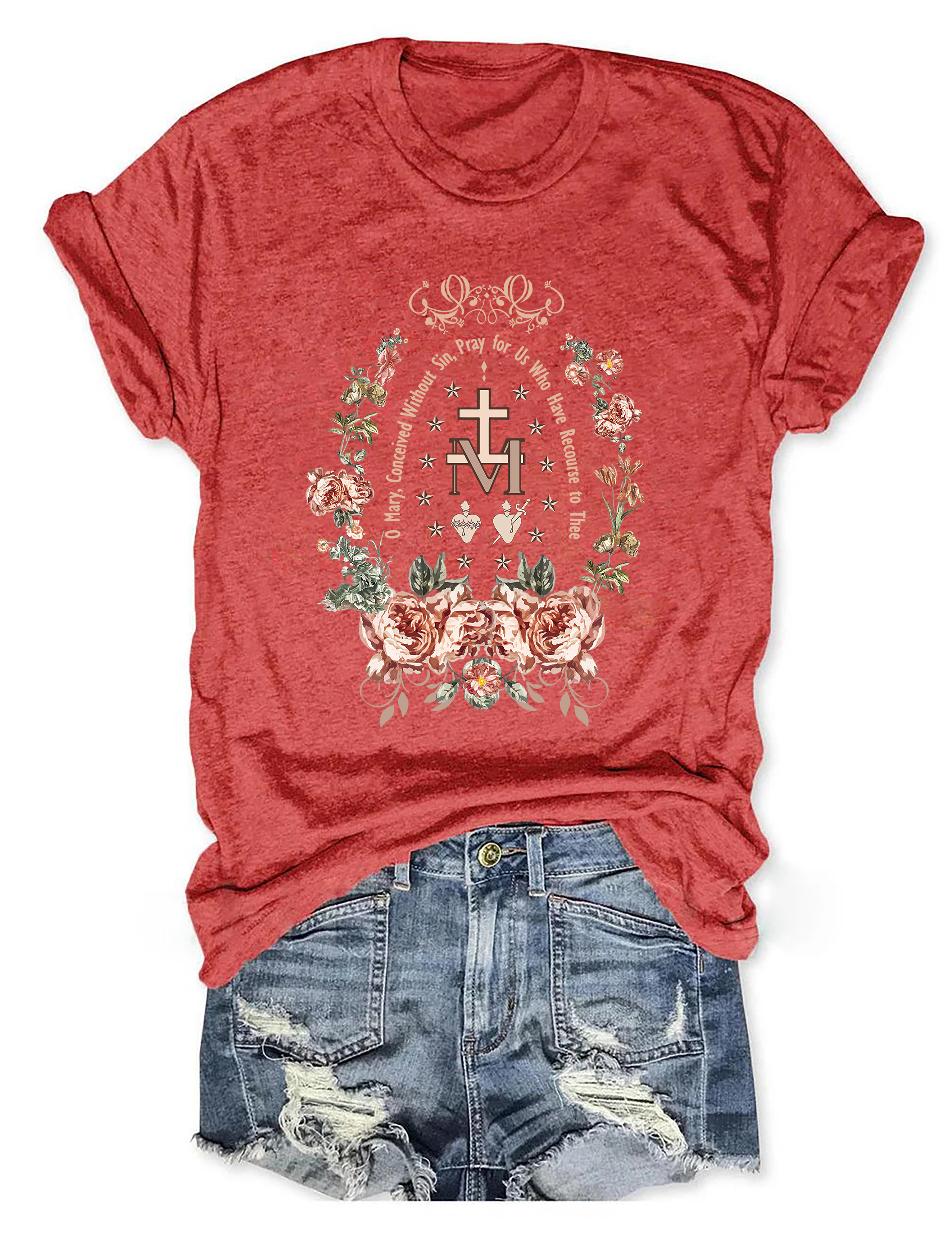 Marian O Mary Conceived Without Sin T-Shirt Holy Cross Shape Unique Shirt Christian Gift Ideas