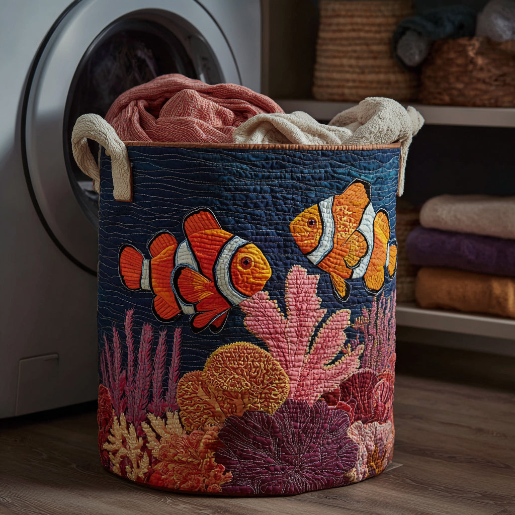 Marine Clownfish Reef Quilted Laundry Basket Portable Quilted Hamper for Easy Carrying and Storage