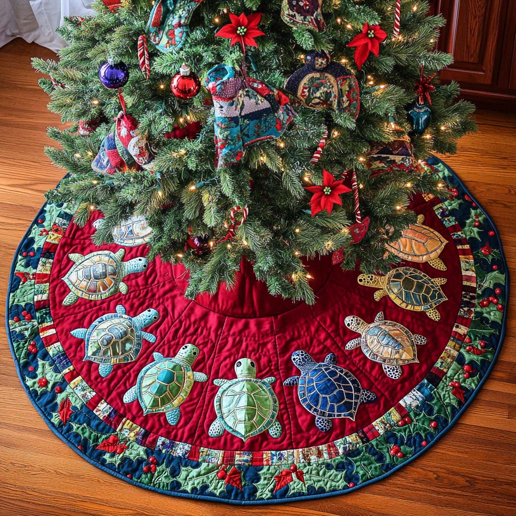 Marine Dream Christmas Quilted Tree Skirt Classic Red and White Tree Skirt for Traditional Decor