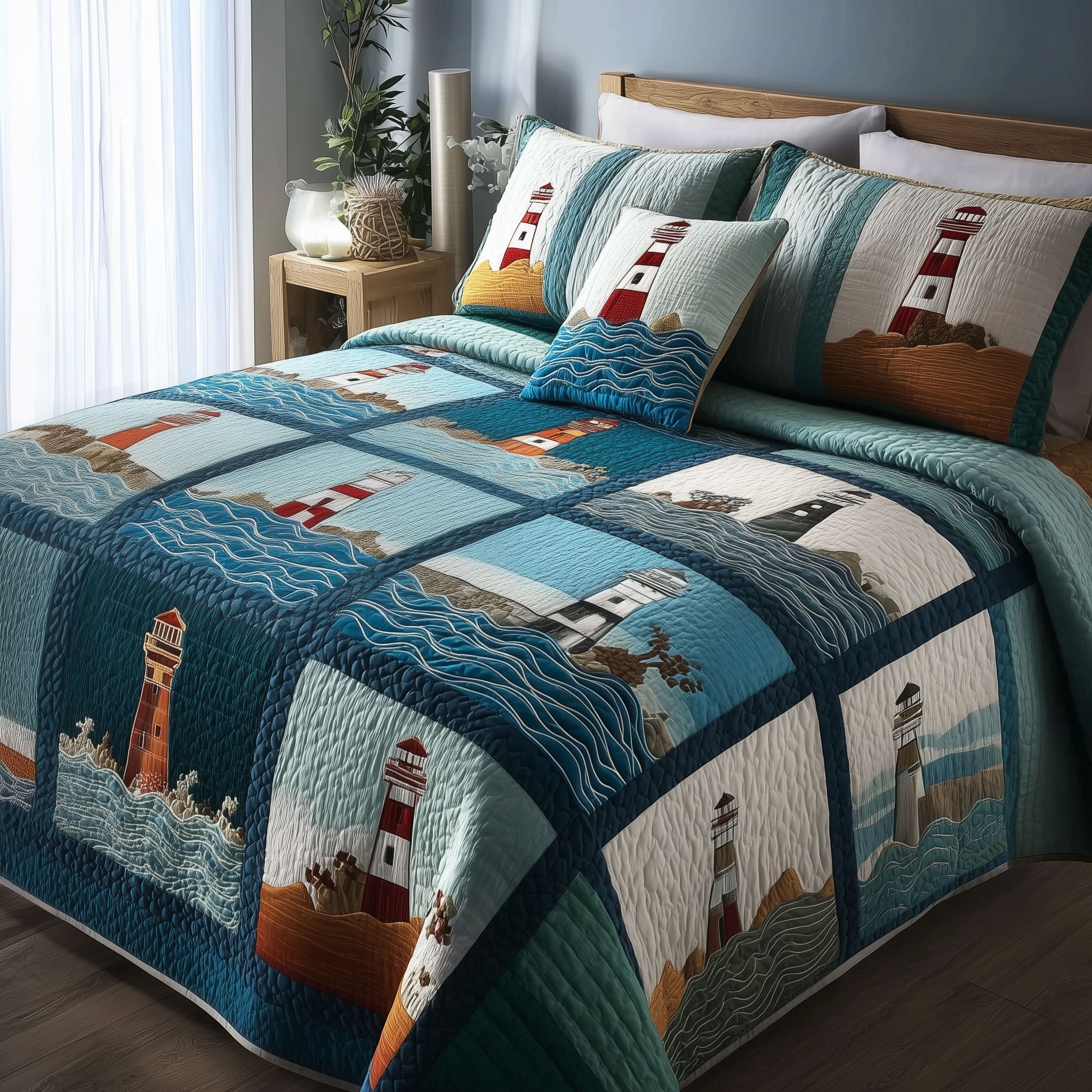 Mariner Spire Quilted Bedding Set Nautical Lighthouse Bedroom Decor Gift For Beach Lovers