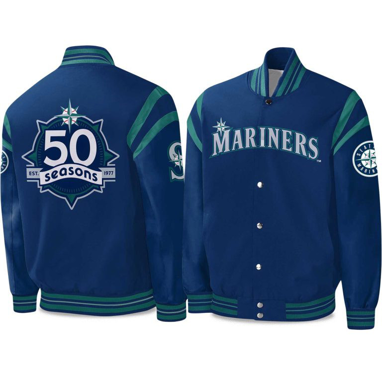 Mariners 50 Seasons Celebration 1977 2026 Bomber Jacket Baseball Merch Game Day Gear