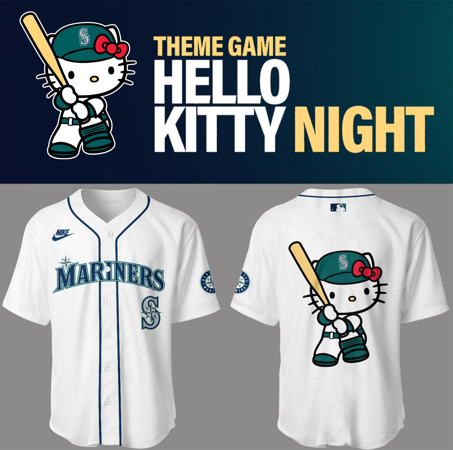 Mariners Baseball 2025 Mariners x Hello Kitty White Jersey Baseball Mom Gifts
