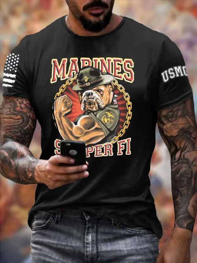 Marines Semper Fi Strong Bulldogs Pattern Print T-Shirt Gifts For Marines